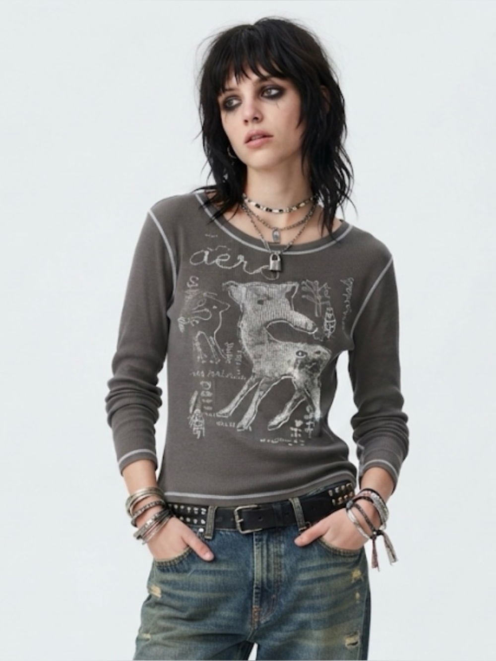 Vintage Y2K Aeropostale Charcoal Gray Deer Fawn Graphic Thermal Long Sleeve XL